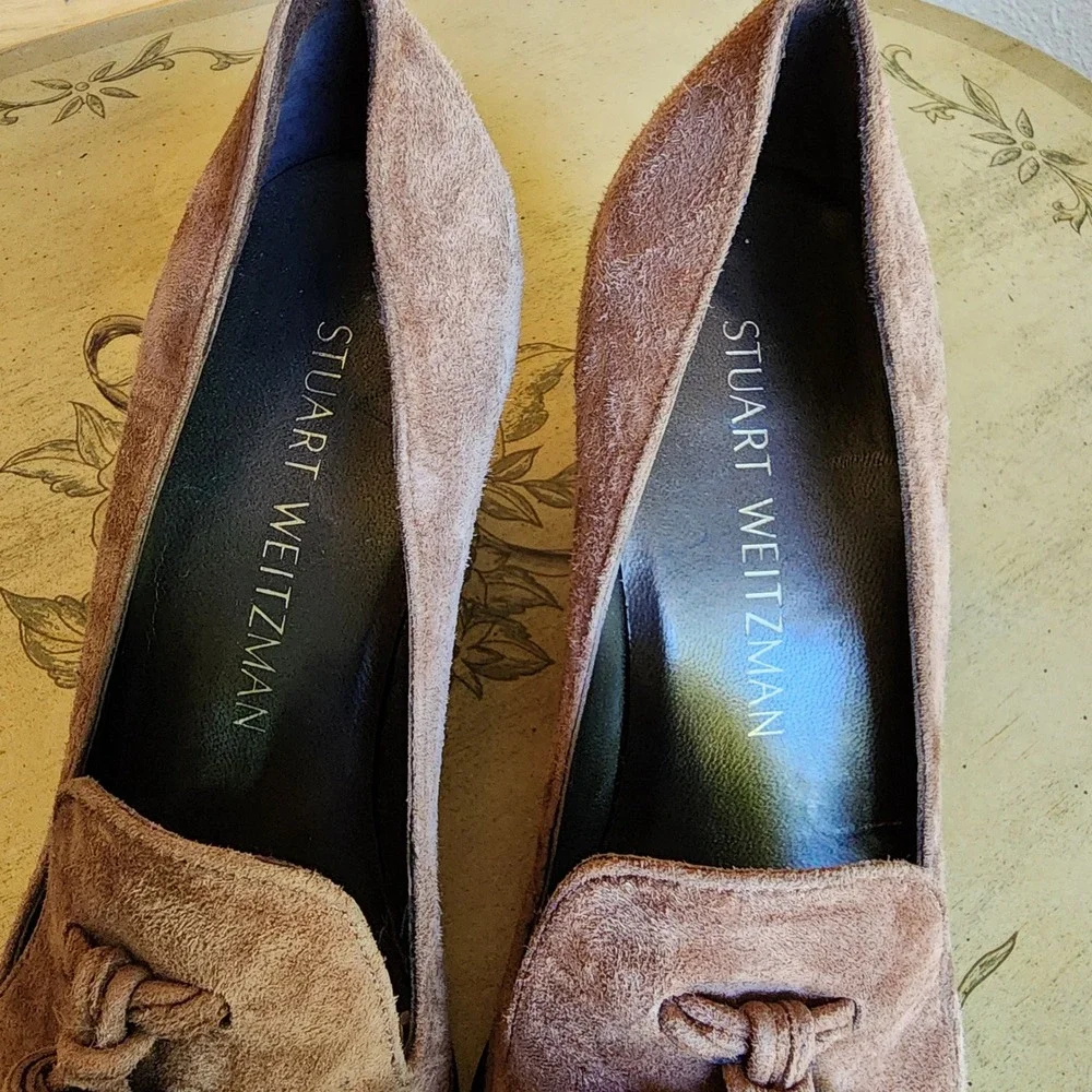 Stuart Weitzman Sz 5 Brown Suede Tassel Loafer Block Heel Pumps Preppy Old Money